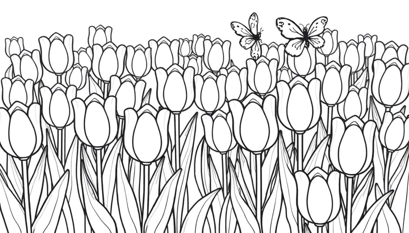 Placa de color de un campo de tulipanes con mariposas.