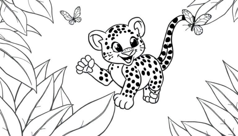 Placa de color: un tierno cachorro de leopardo de dibujos animados jugando en la selva con una mariposa.