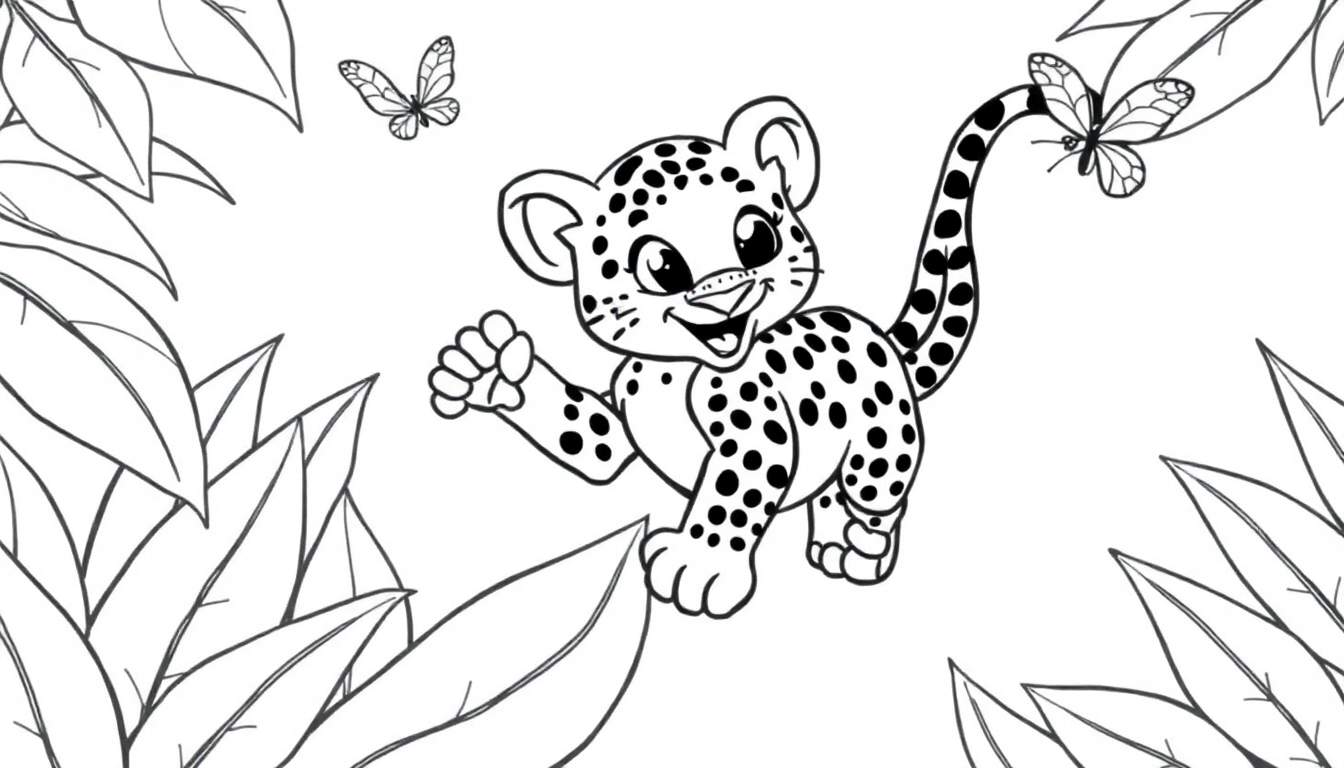 Placa de color: un tierno cachorro de leopardo de dibujos animados jugando en la selva con una mariposa.