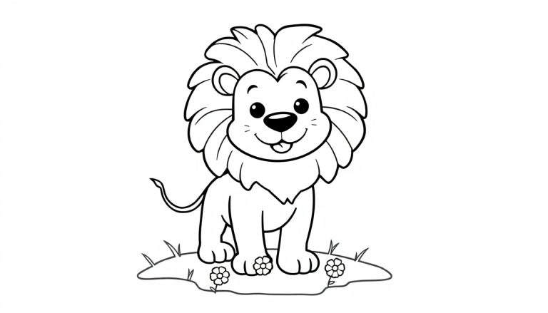 Placa de color de un león de caricatura amigable.