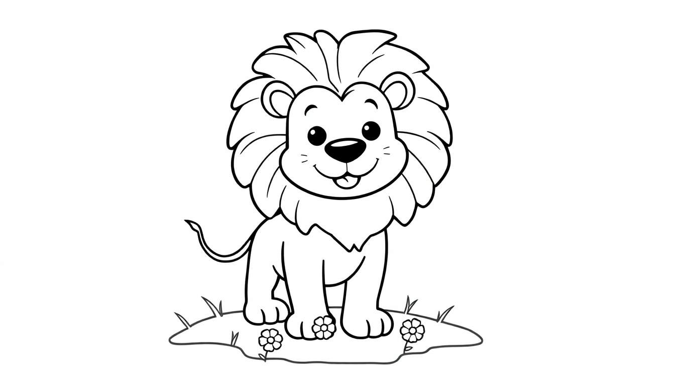 Placa de color de un león de caricatura amigable.