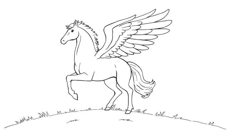 Un dibujo lineal de un Pegaso listo para colorear en una placa de color.