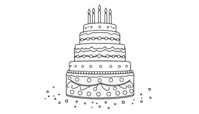 Placa de color: un pastel de cumpleaños de cinco pisos con velas encendidas y confeti.