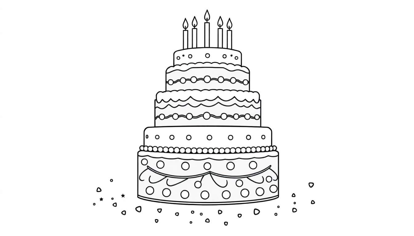 Placa de color: un pastel de cumpleaños de cinco pisos con velas encendidas y confeti.