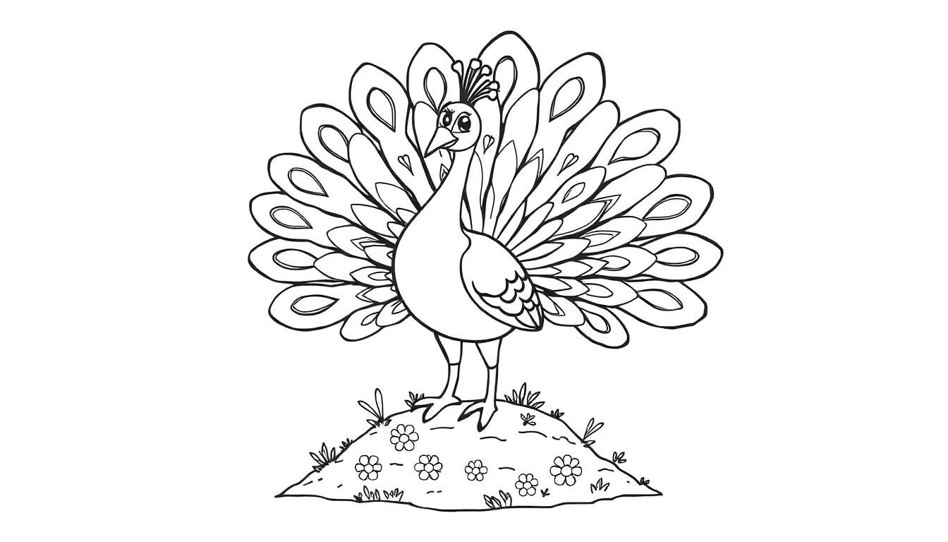 Placa de color: un pavo real de dibujos animados con la cola desplegada.