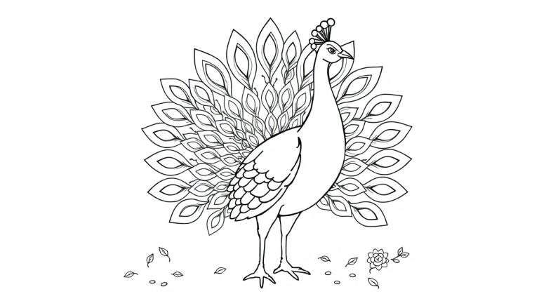 Placa de color de un pavo real desplegando su cola.