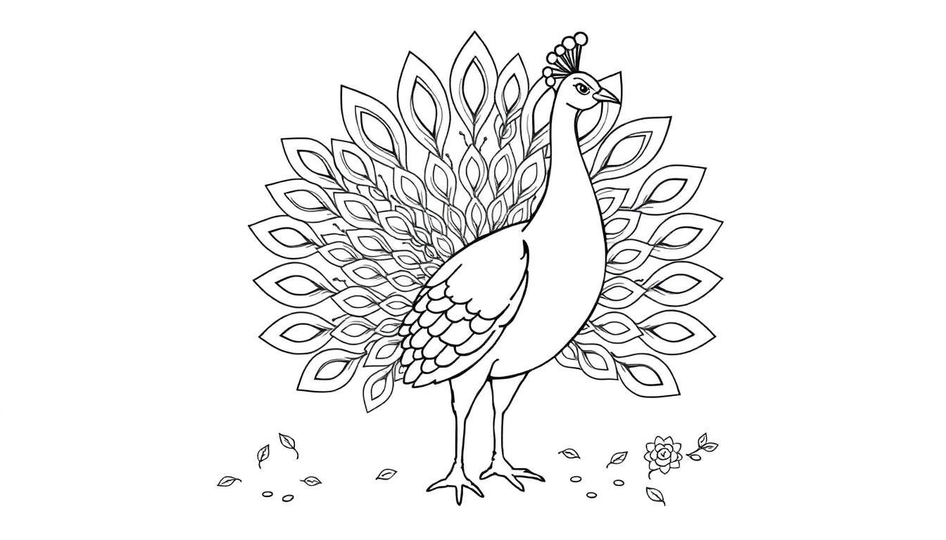 Placa de color de un pavo real desplegando su cola.