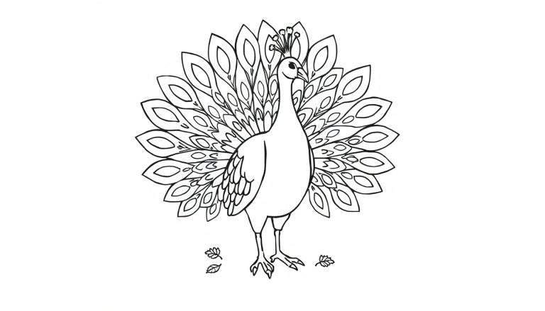 Una placa de color para colorear de un pavo real con la cola extendida y hojas debajo.