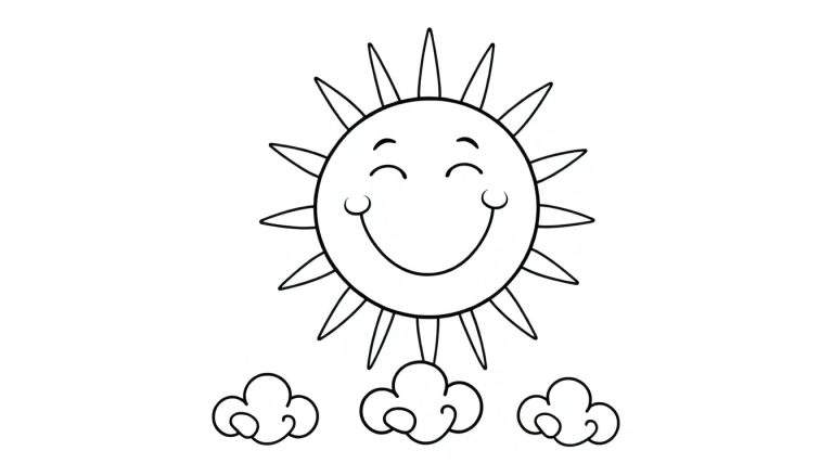 Placa de color de un sol feliz y sonriente con rayos y tres nubes debajo.