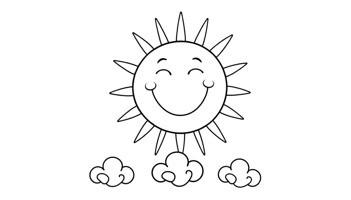 Placa de color de un sol feliz y sonriente con rayos y tres nubes debajo.