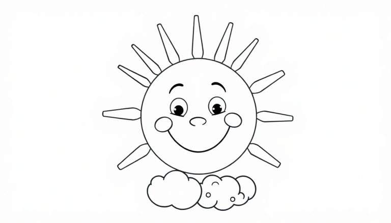 Una placa de color para colorear de un sol sonriente con rayos y nubes.