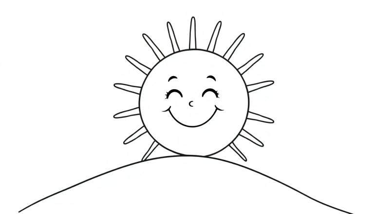 Placa de color de un sol sonriente sobre una colina.