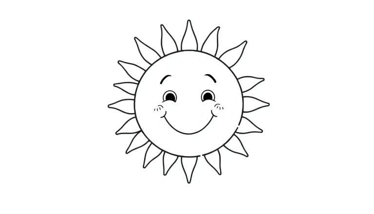 Una placa de color para colorear de un sol sonriente con rayos amables.