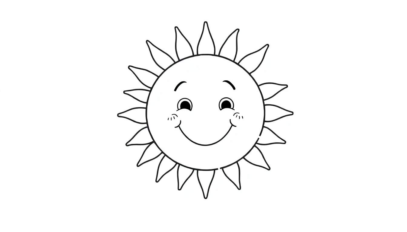 Una placa de color para colorear de un sol sonriente con rayos amables.