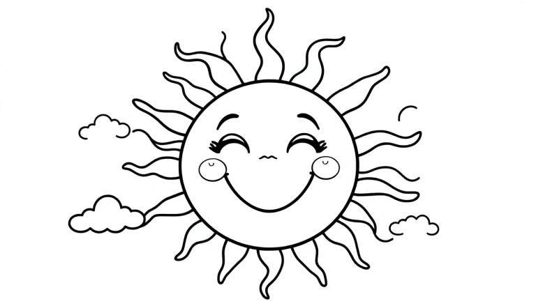 Placa de color para niños de un sol sonriente con nubes.