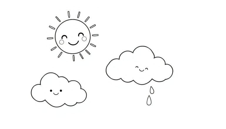 Placa de color con un sol sonriente y dos nubes, una con lluvia.