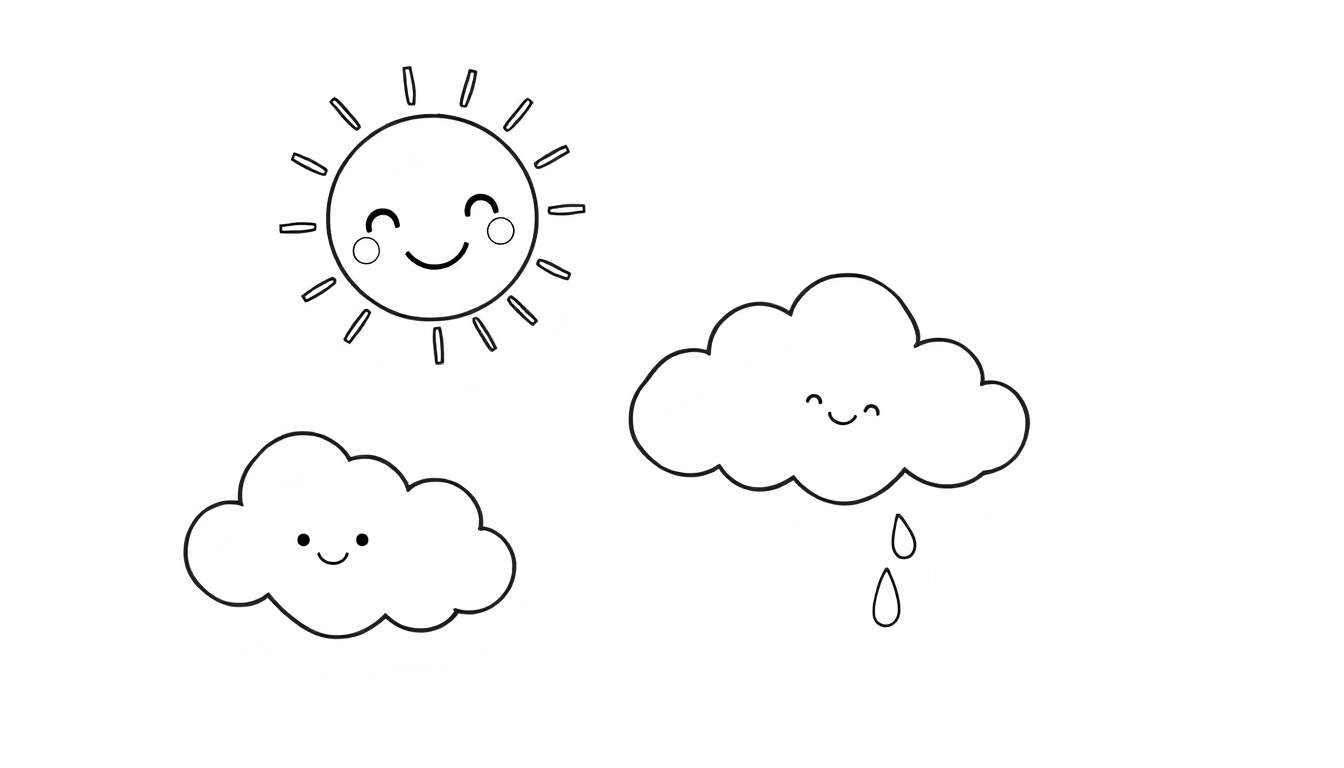 Placa de color con un sol sonriente y dos nubes, una con lluvia.