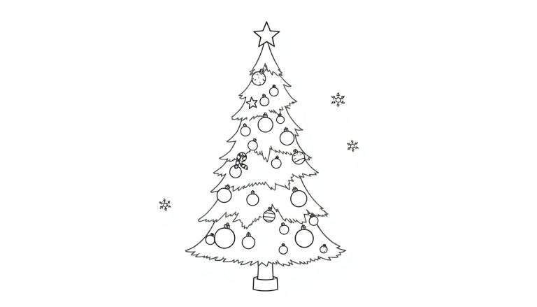 Placa de color de un árbol de Navidad en blanco y negro para colorear, con adornos y una estrella.