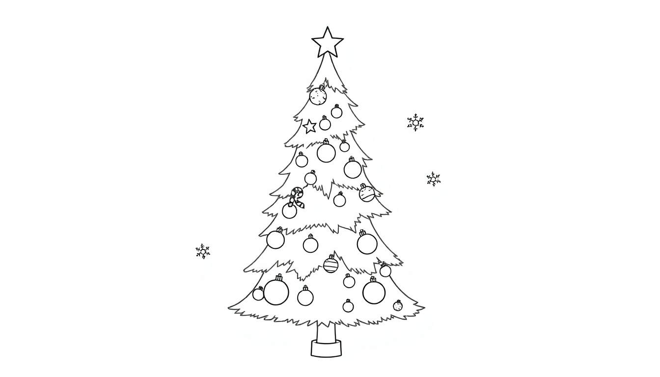 Placa de color de un árbol de Navidad en blanco y negro para colorear, con adornos y una estrella.