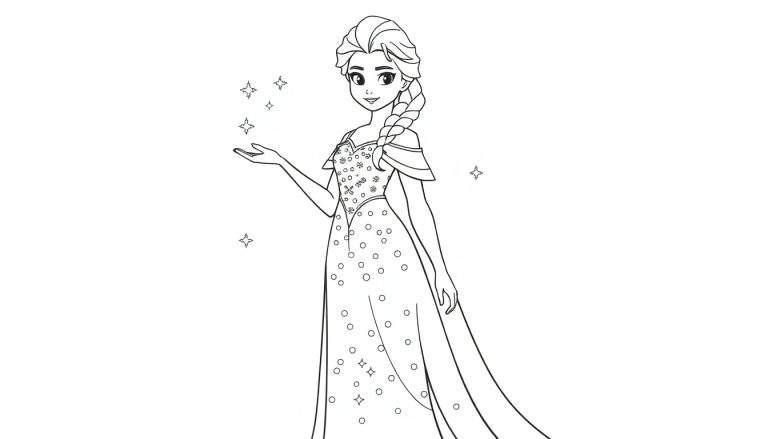Placa de color de Elsa con su vestido brillante y copos de nieve.