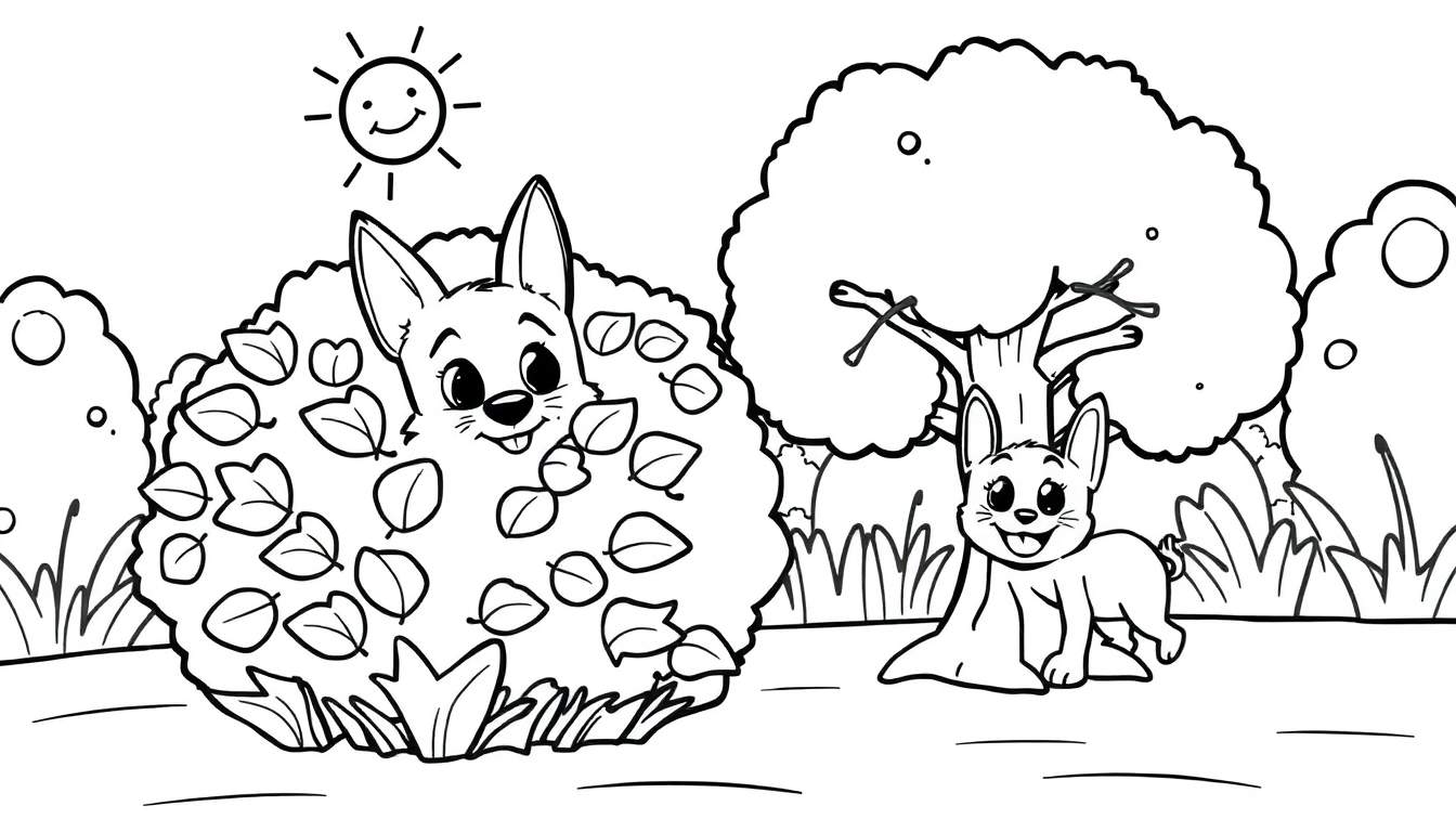 Placa de color en blanco y negro de Bluey y Bingo jugando a las escondidas, con un sol sonriente y un entorno natural.