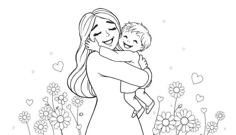 Placa de color: Mamá recibiendo un abrazo de su hijo rodeada de flores y corazones.
