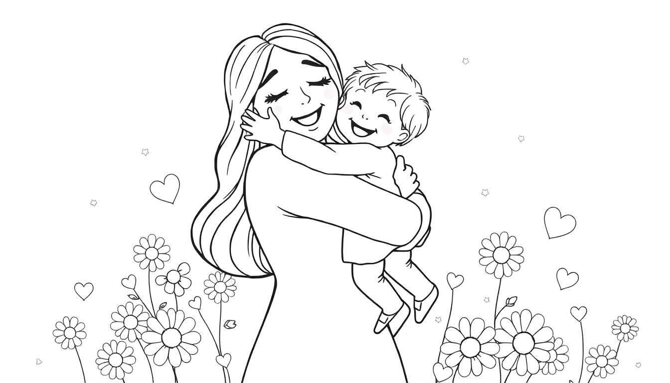 Placa de color: Mamá recibiendo un abrazo de su hijo rodeada de flores y corazones.