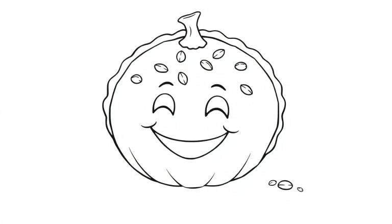 Placa de color de un pastel de calabaza sonriente con semillas.