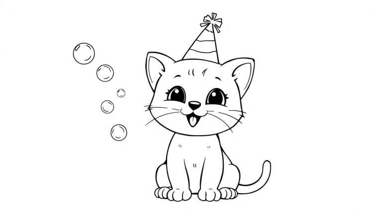 Placa de color: Gato de dibujos animados soplando burbujas.
