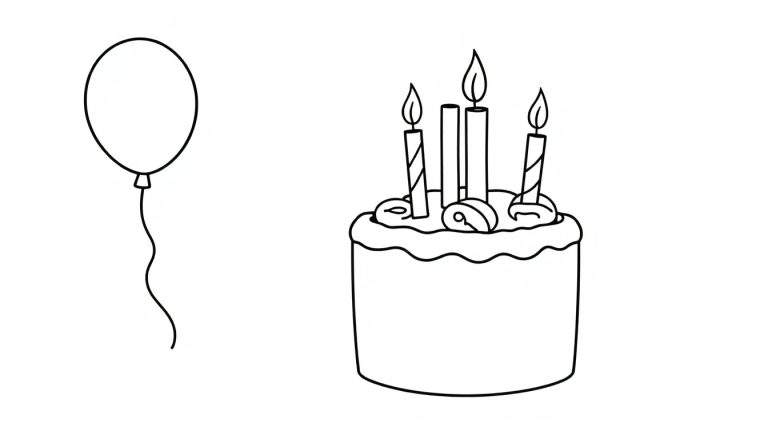 Una placa de color de un globo y un pastel de cumpleaños con velas encendidas.