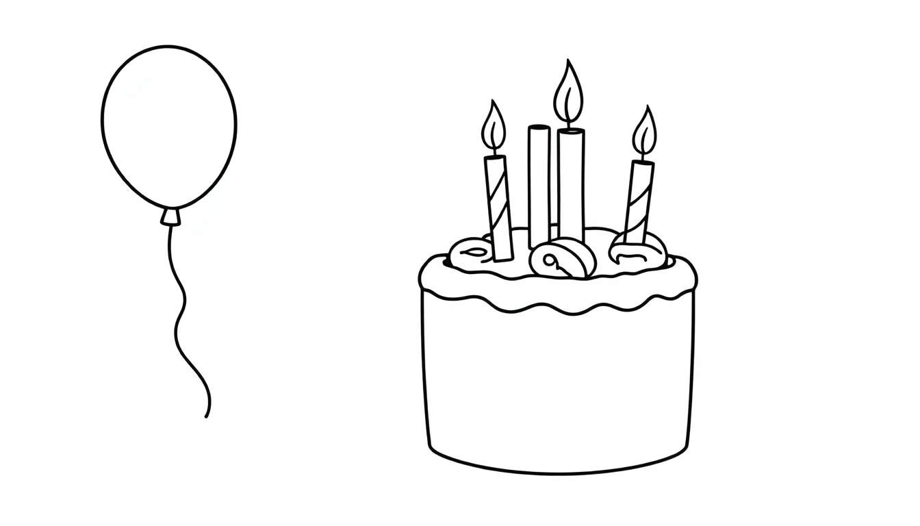 Una placa de color de un globo y un pastel de cumpleaños con velas encendidas.