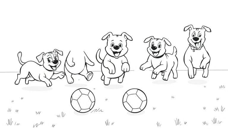 Placa de color de cachorros jugando al fútbol.