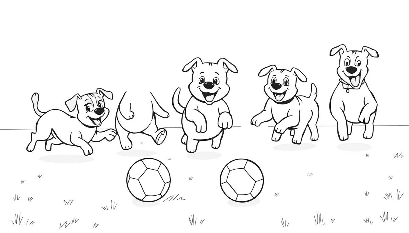 Placa de color de cachorros jugando al fútbol.