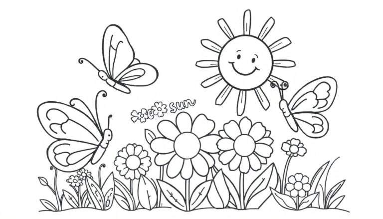 Página para colorear de mariposas con un sol sonriente y flores, lista para ser pintada.