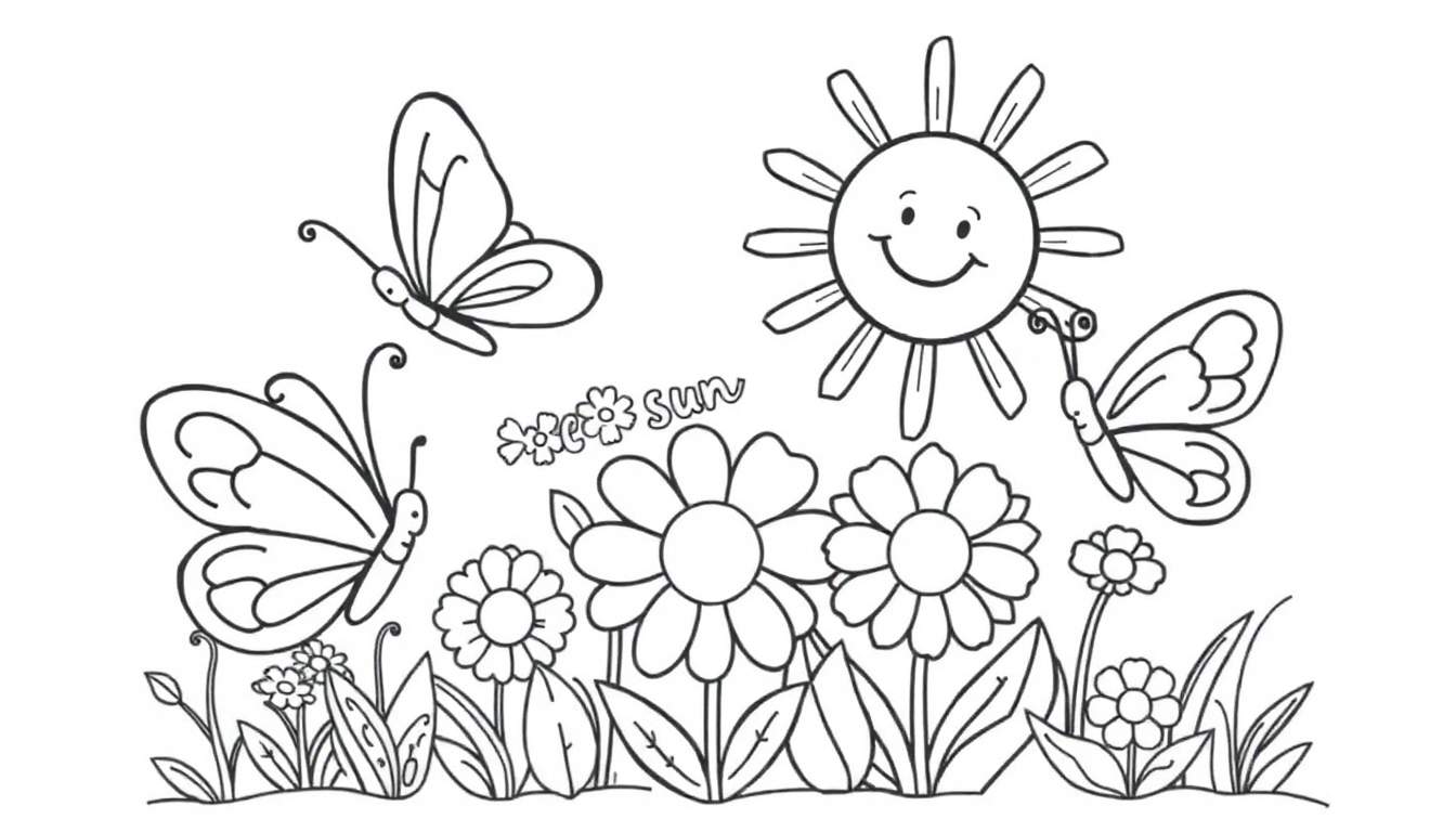 Página para colorear de mariposas con un sol sonriente y flores, lista para ser pintada.