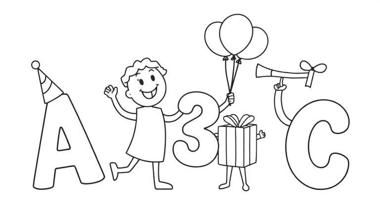 Placa de color: La letra A con gorro de fiesta, un niño feliz con los brazos en alto, el número 3, una caja de regalo con globos y la letra C con una corneta, todos celebrando.