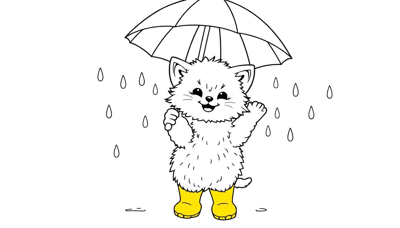 Placa de color de un gatito blanco sonriendo bajo la lluvia con botas amarillas y un paraguas.