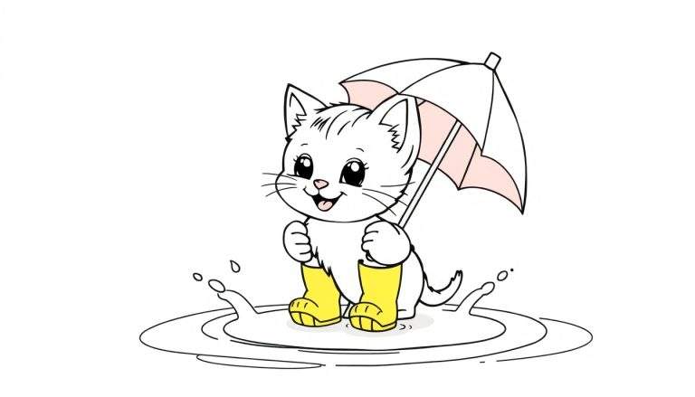 Placa de color de un gatito blanco con botas amarillas y un paraguas bajo la lluvia.