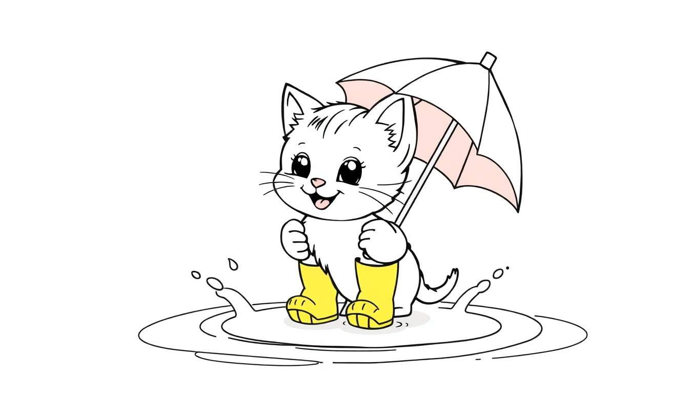 Placa de color de un gatito blanco con botas amarillas y un paraguas bajo la lluvia.