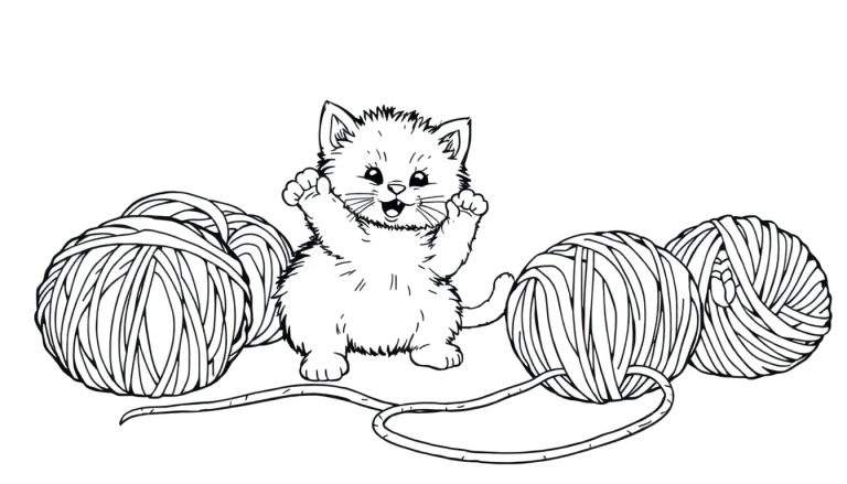 Un gato de dibujos animados en blanco y negro, feliz y levantando las patas, rodeado de bolas de hilo para colorear en una placa de color.