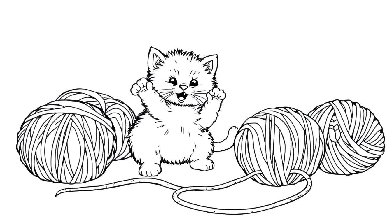 Un gato de dibujos animados en blanco y negro, feliz y levantando las patas, rodeado de bolas de hilo para colorear en una placa de color.