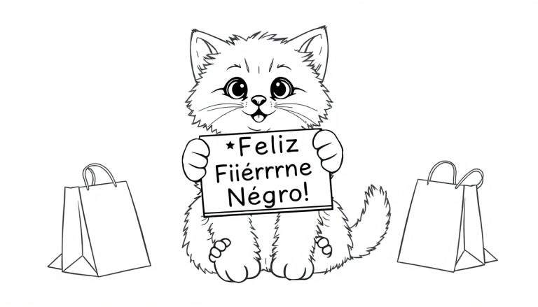 Placa de color de un gatito lindo sentado entre bolsas de compras con un letrero de Viernes Negro.