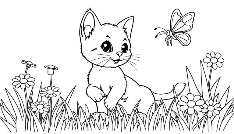Placa de color: Un gatito curioso mira una mariposa en un jardín.