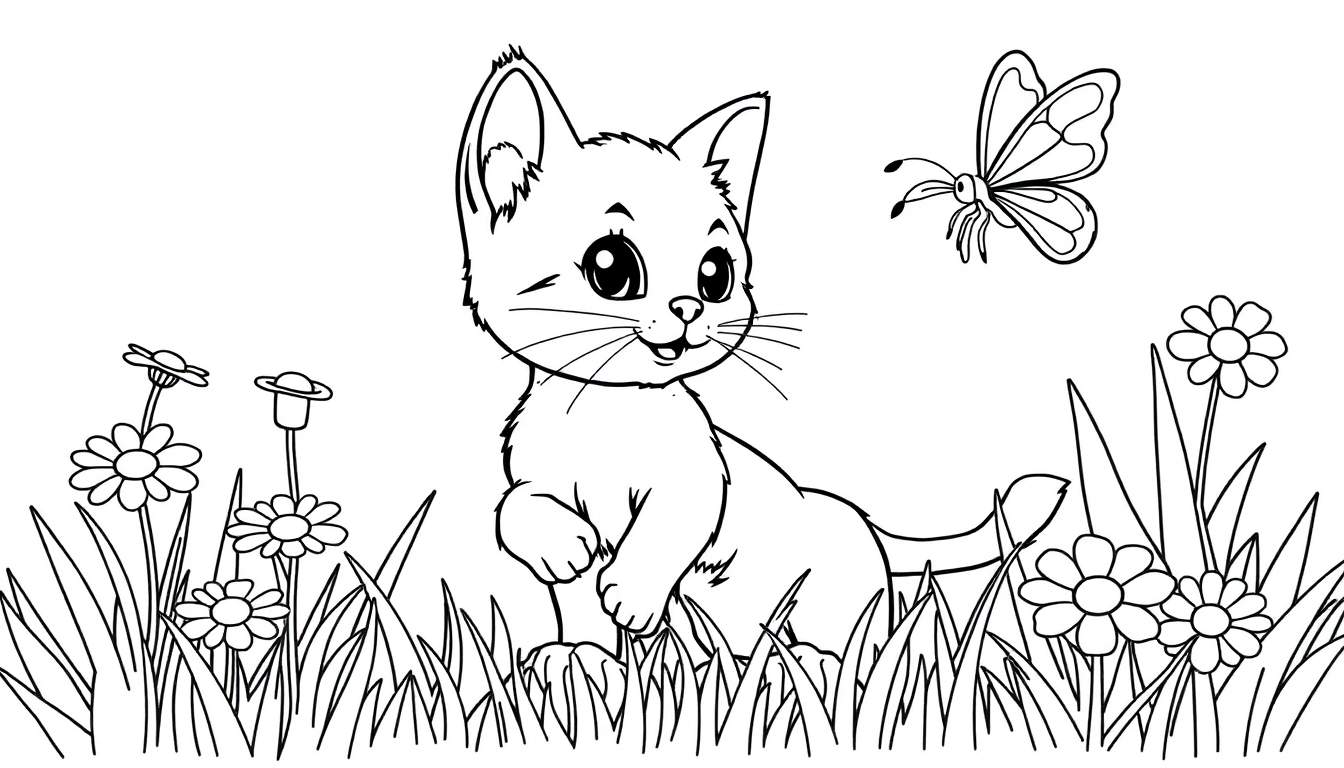Placa de color: Un gatito curioso mira una mariposa en un jardín.