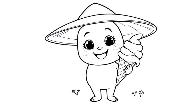 Personaje de Toca Boca con sombrero de cono y helado, listo para colorear.