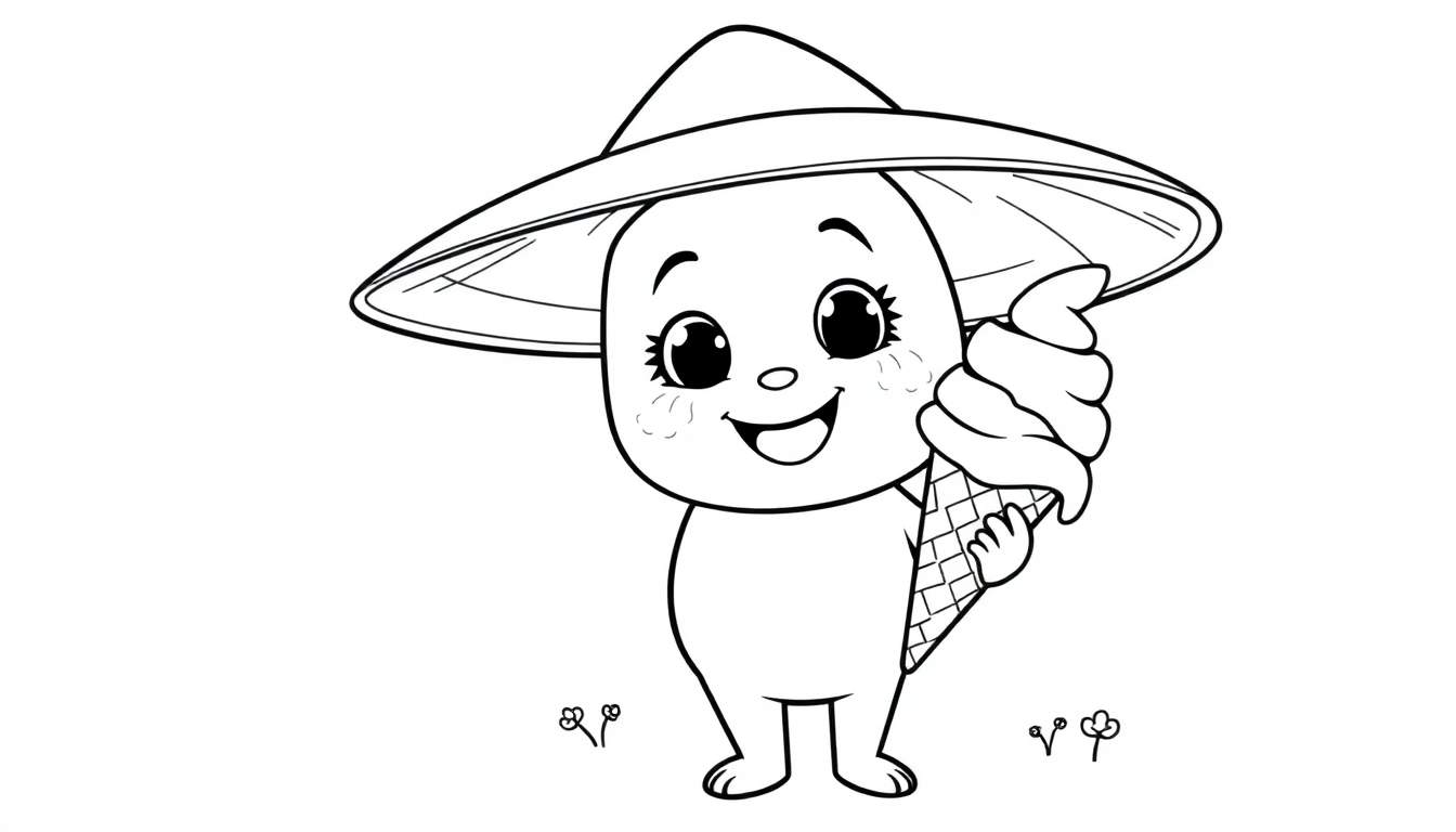 Personaje de Toca Boca con sombrero de cono y helado, listo para colorear.