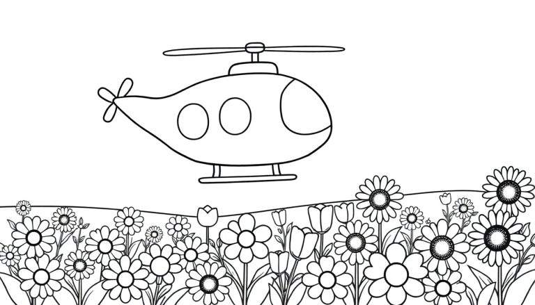 Placa de color de un helicóptero amigable sobre un campo de flores.