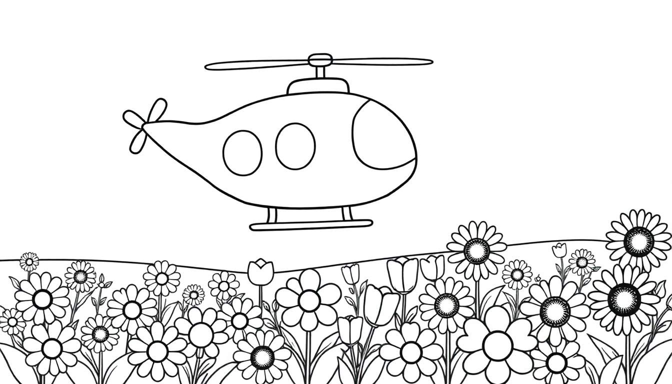 Placa de color de un helicóptero amigable sobre un campo de flores.