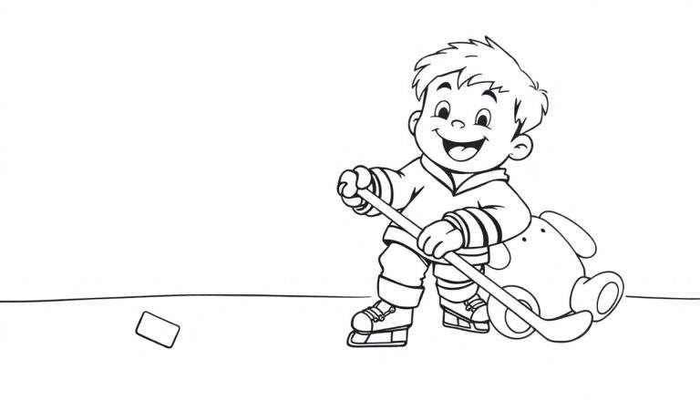 Placa de color de un niño feliz jugando hockey con su amigo oso de peluche.