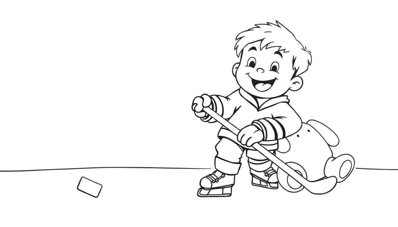 Placa de color de un niño feliz jugando hockey con su amigo oso de peluche.